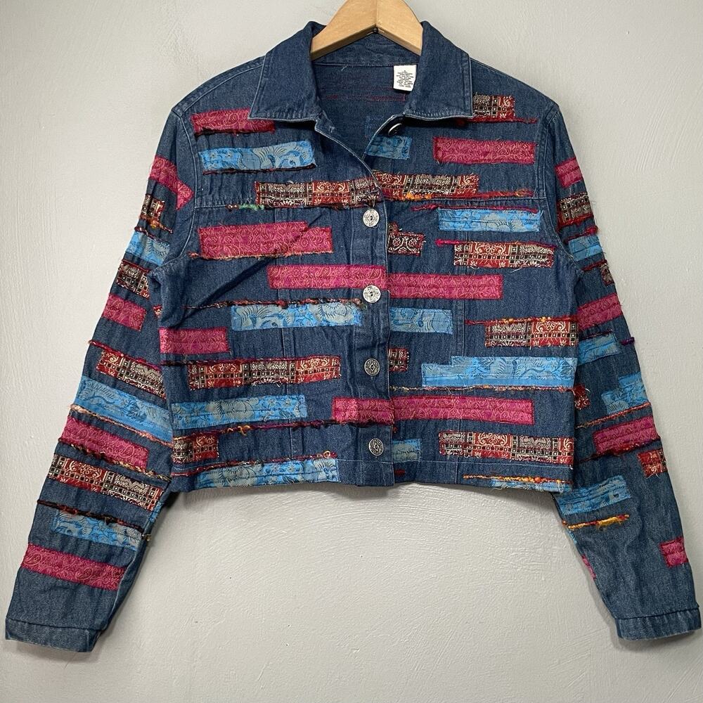 Boho Jacket Size Small Embroidered Patchwork Denim Blue Jean Coat Cropped Artsy